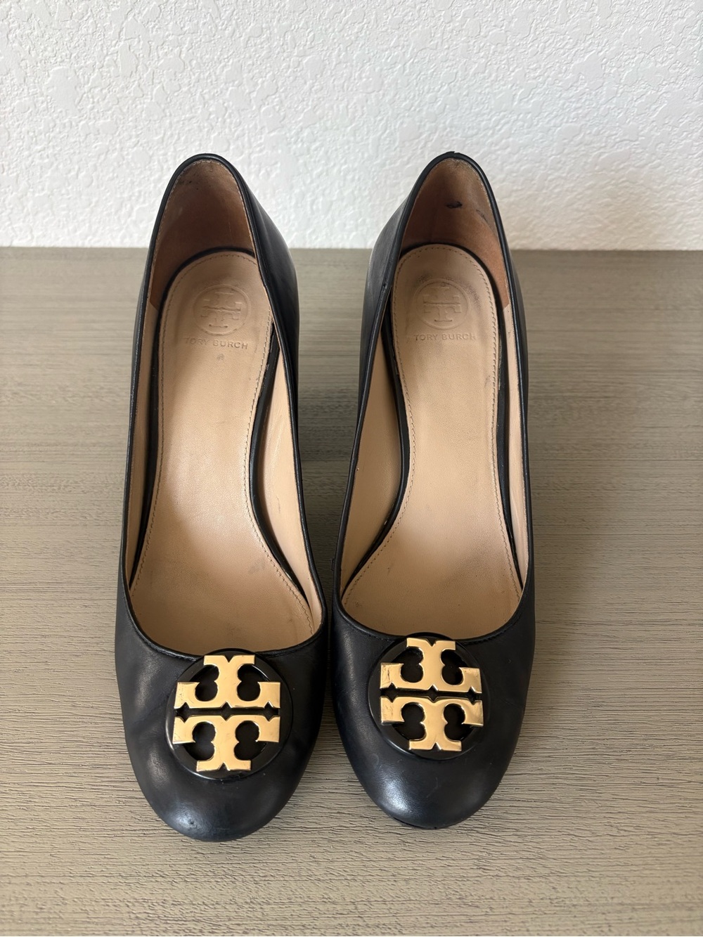 Tory Burch Black Leather Heels with Gold Logo